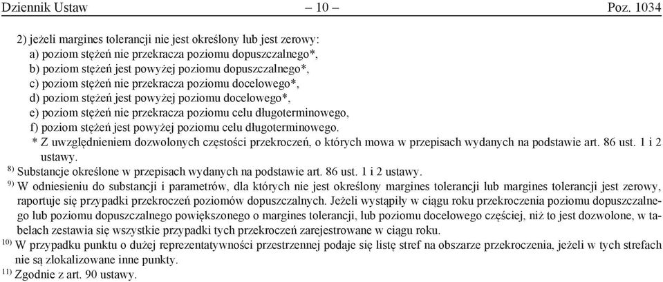 nie przekracza poziomu docelowego*, d) poziom stężeń jest powyżej poziomu docelowego*, e) poziom stężeń nie przekracza poziomu celu długoterminowego, f) poziom stężeń jest powyżej poziomu celu