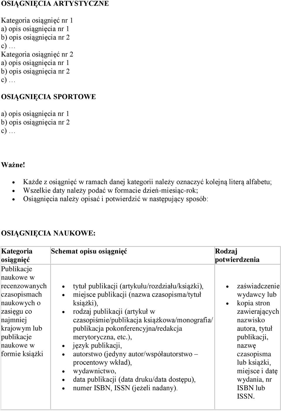 sposób: OSIĄGNIĘCIA NAUKOWE: Kategoria osiągnięć Publikacje naukowe w recenzowanych czasopismach naukowych o zasięgu co najmniej krajowym publikacje naukowe w formie książki Schemat opisu osiągnięć