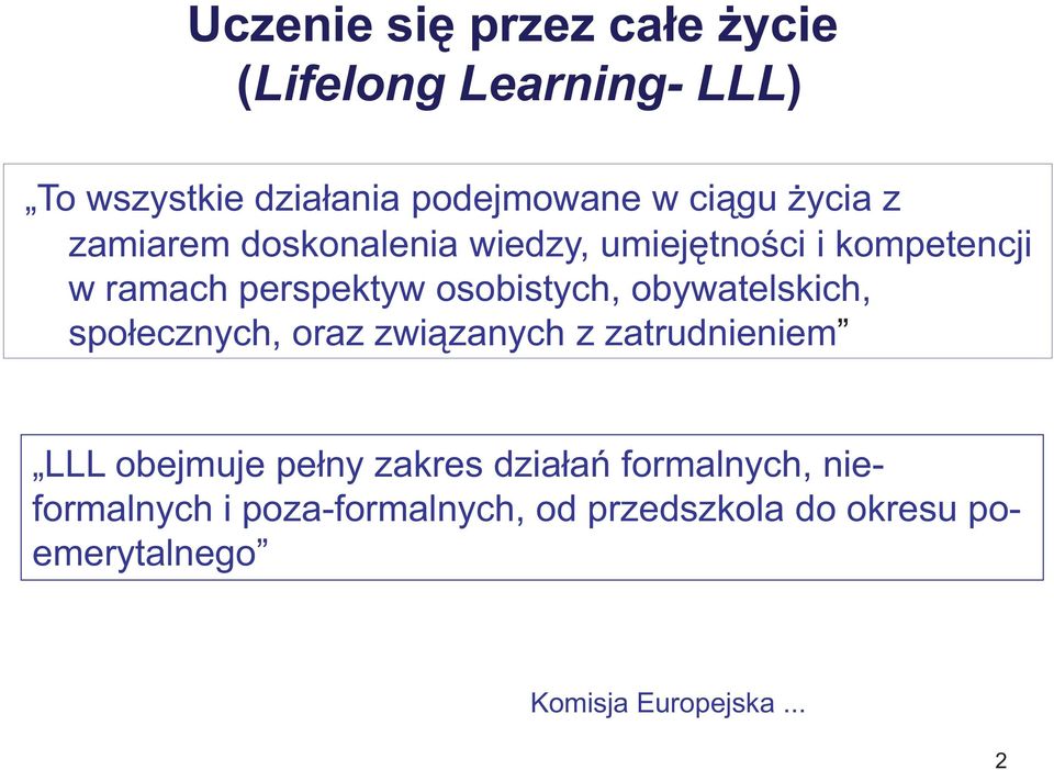 obywatelskich, społecznych, oraz związanych z zatrudnieniem LLL obejmuje pełny zakres działań