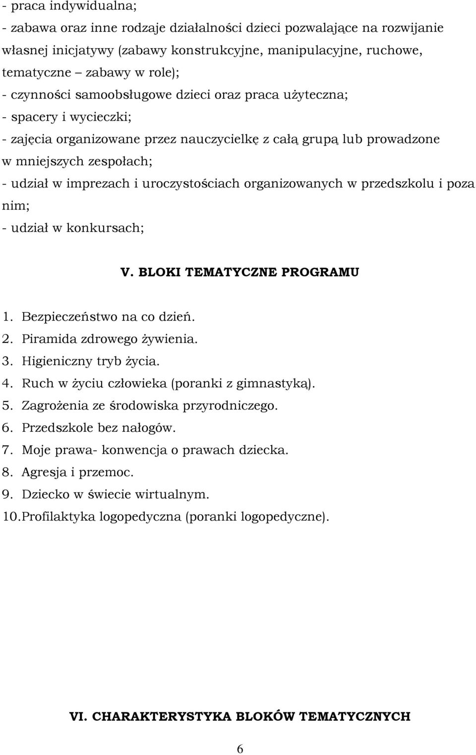 organizowanych w przedszkolu i poza nim; - udział w konkursach; V. BLOKI TEMATYCZNE PROGRAMU 1. Bezpieczeństwo na co dzień. 2. Piramida zdrowego żywienia. 3. Higieniczny tryb życia. 4.