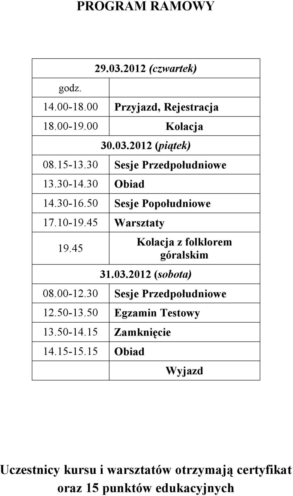 45 Kolacja z folklorem góralskim 31.03.2012 (sobota) 08.00-12.30 Sesje Przedpołudniowe 12.50-13.