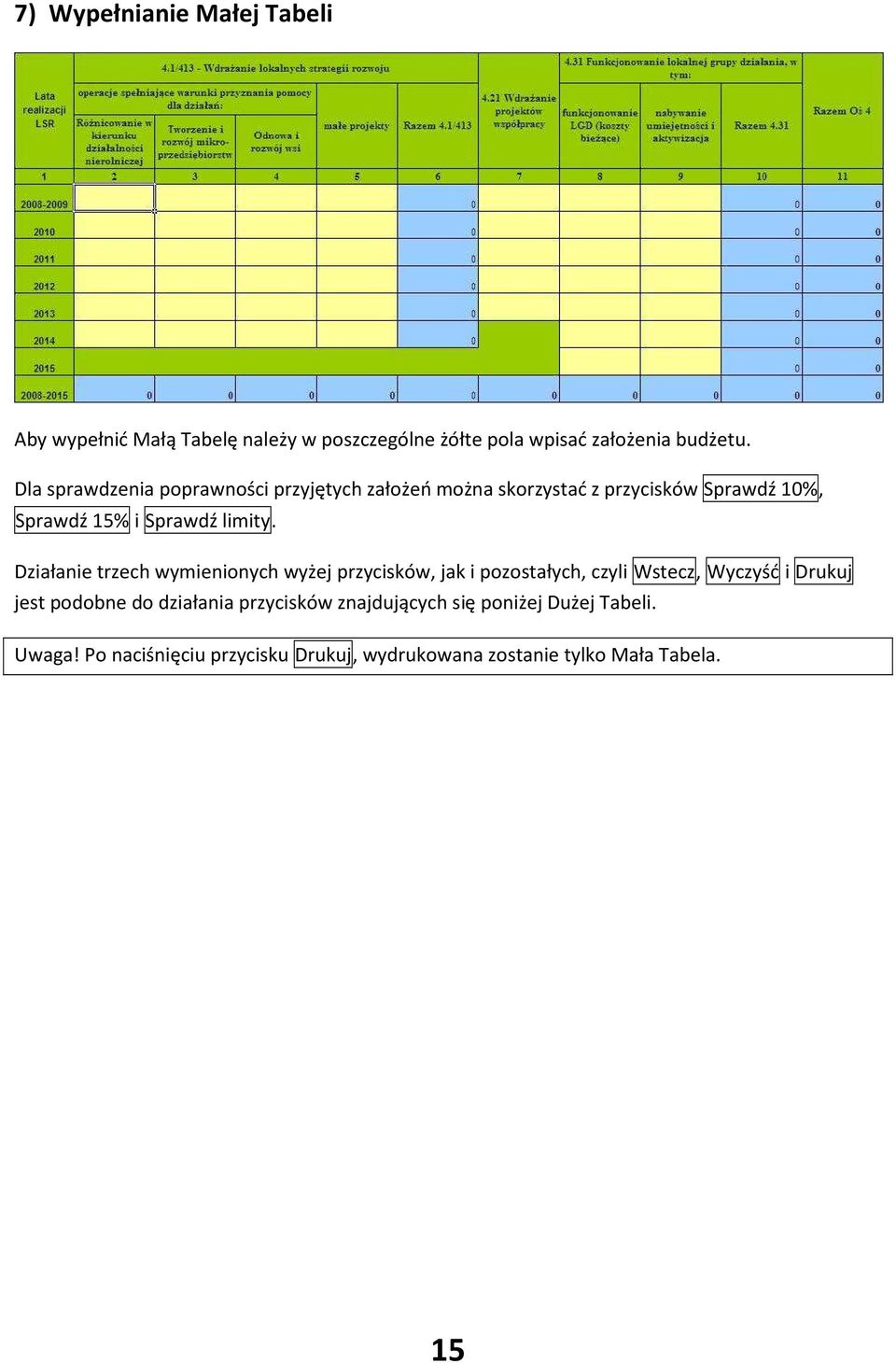 Działanie trzech wymienionych wyżej przycisków, jak i pozostałych, czyli Wstecz, Wyczyść i Drukuj jest podobne do