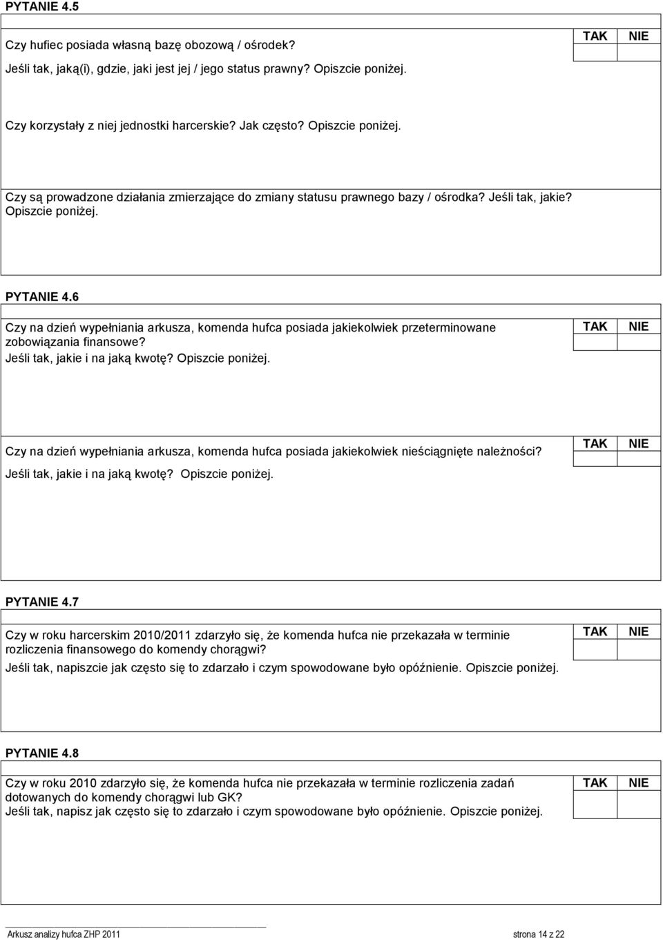 6 Czy na dzień wypełniania arkusza, komenda hufca posiada jakiekolwiek przeterminowane zobowiązania finansowe? Jeśli tak, jakie i na jaką kwotę? Opiszcie poniżej.