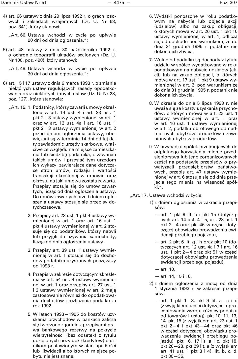 ; 6) art. 15 i 17 ustawy z dnia 6 marca 1993 r. o zmianie niektórych ustaw regulujących zasady opodatkowania oraz niektórych innych ustaw (Dz. U. Nr 28, poz. 127), które stanowią: Art. 15. 1. Podatnicy, którzy zawarli umowy określone w art.