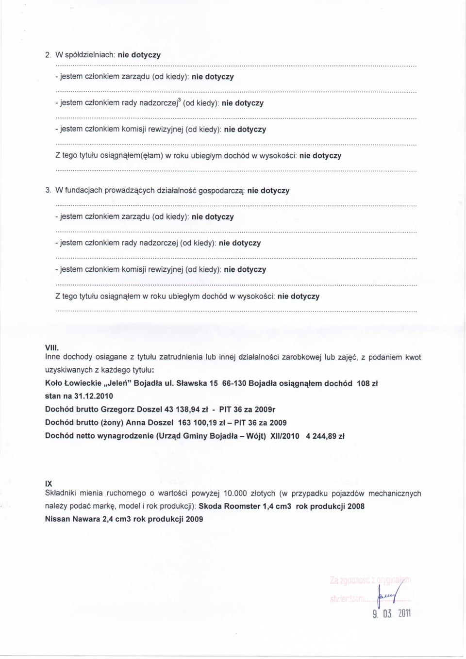 W fundacjach prowadza^cych dzialalnosc gospodarcza; nie dotyczy -jestem czlonkiem zarzajdu (od kiedy): nie dotyczy -jestem czlonkiem rady nadzorczej (od kiedy): nie dotyczy -jestem czlonkiem komisji