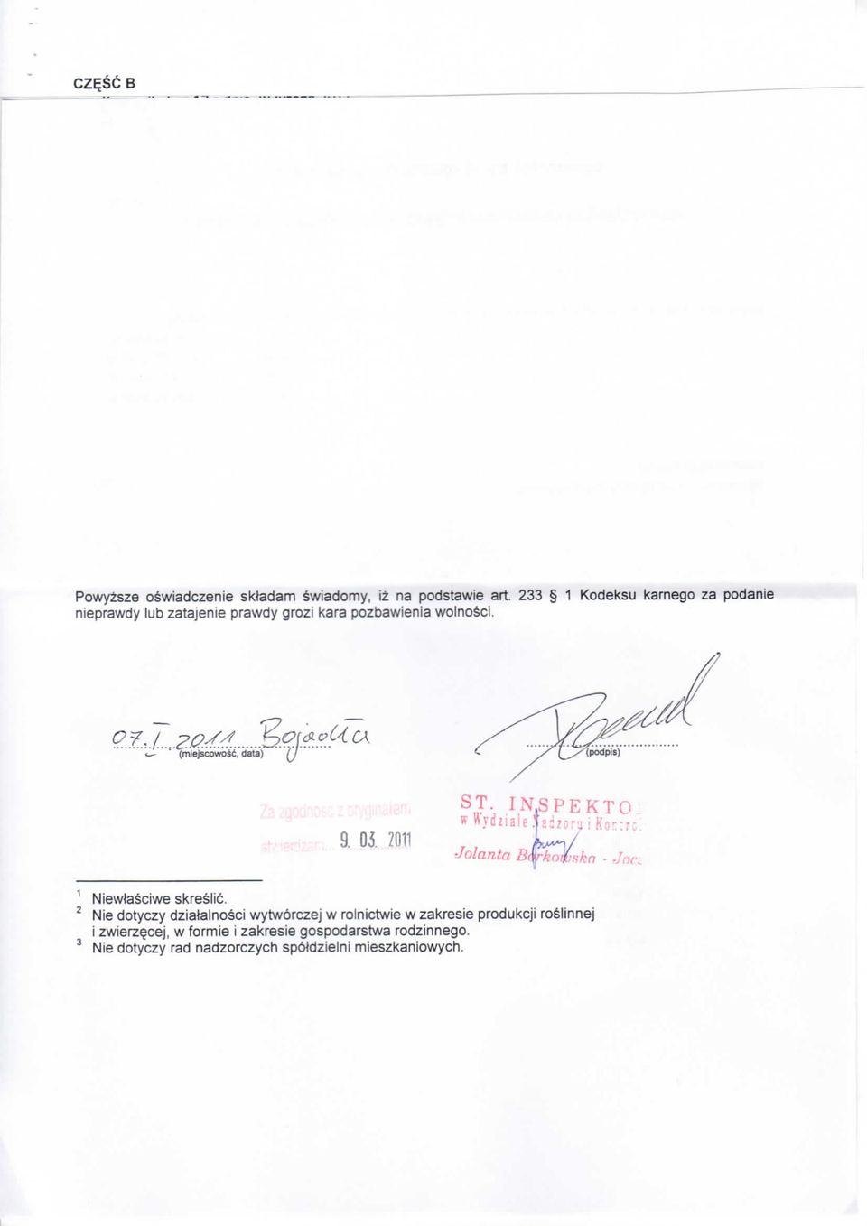 data) 9. 03. 2011 SJ-. WPEKTO aazom Kor;rc I/ Jolanta B< rkojbska - Joe. Niewlasciwe skreslic.