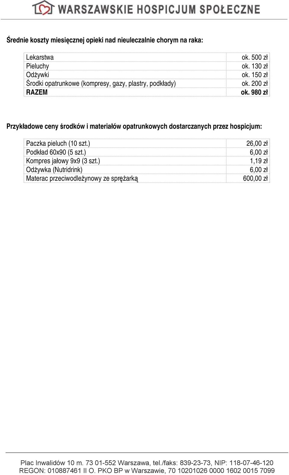 980 zł Przykładowe ceny środków i materiałów opatrunkowych dostarczanych przez hospicjum: Paczka pieluch (10 szt.