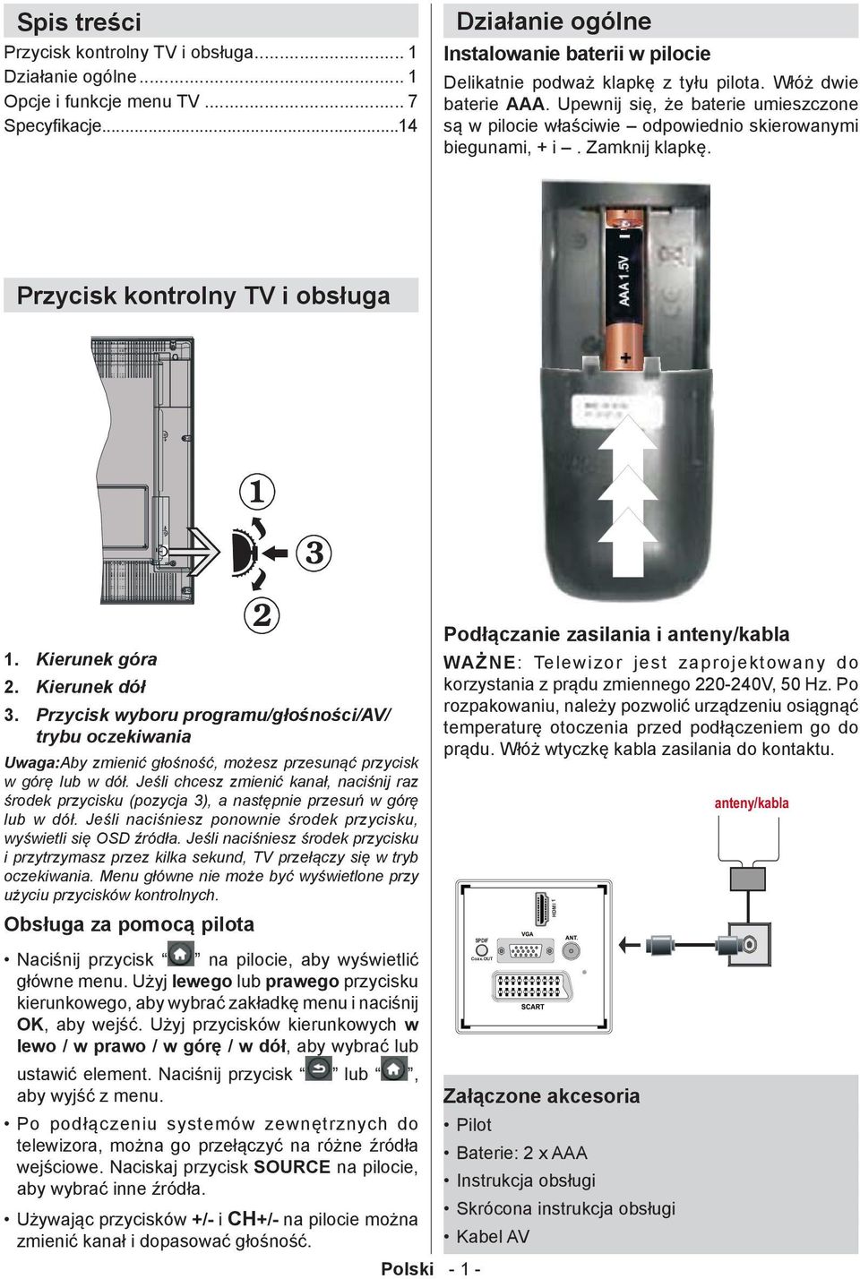 Upewnij się, że baterie umieszczone są w pilocie właściwie odpowiednio skierowanymi biegunami, + i. Zamknij klapkę. Przycisk kontrolny TV i obsługa 1. Kierunek góra 2. Kierunek dół 3.