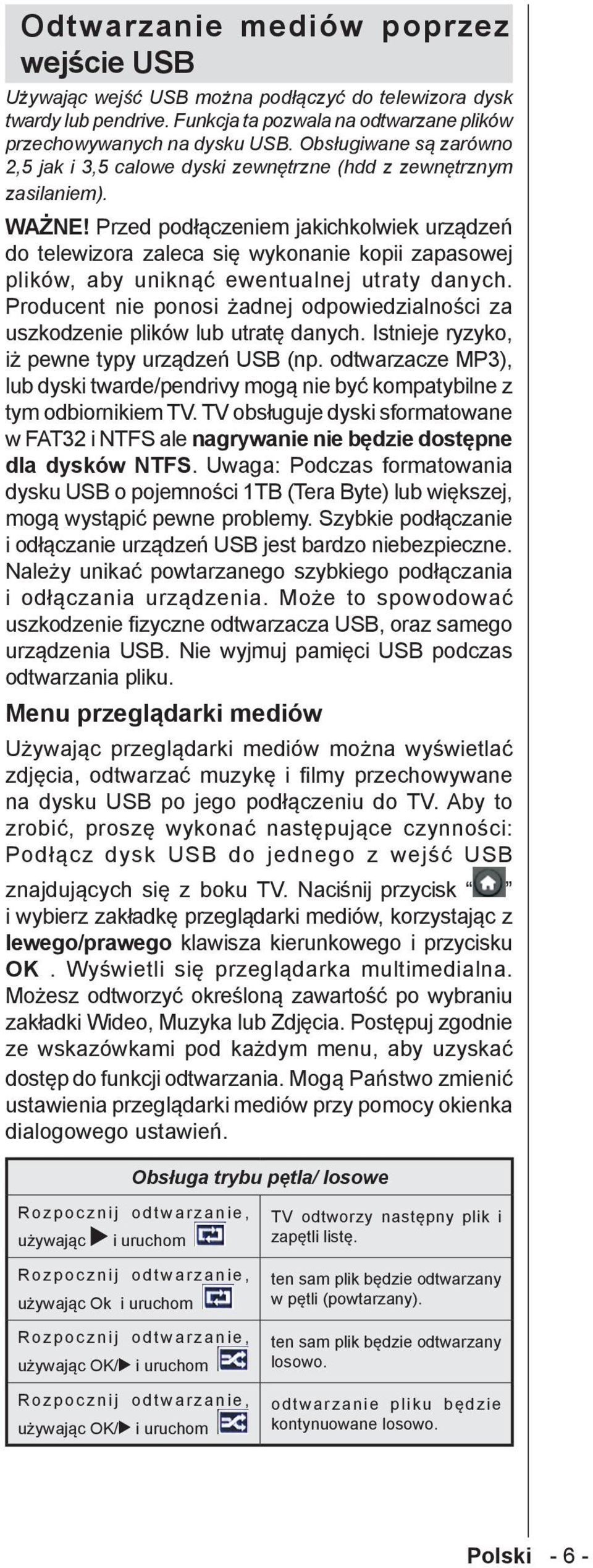 Przed podłączeniem jakichkolwiek urządzeń do telewizora zaleca się wykonanie kopii zapasowej plików, aby uniknąć ewentualnej utraty danych.