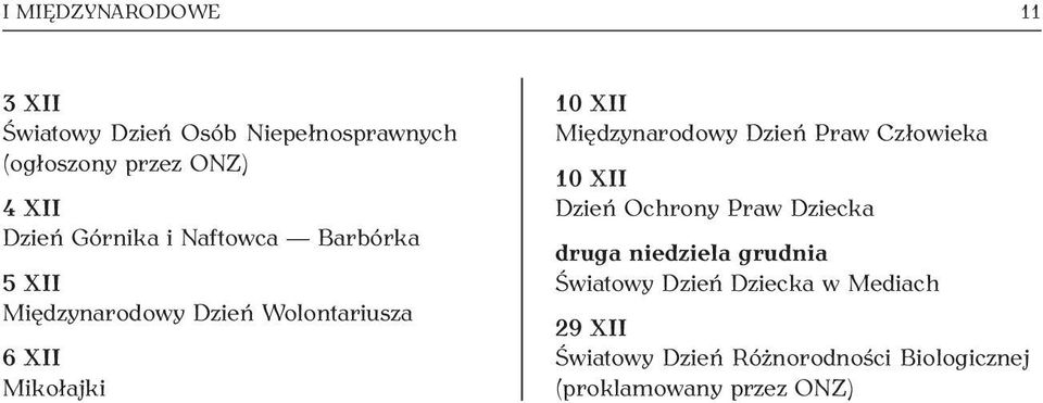 Międzynarodowy Dzień Praw Człowieka 10 XII Dzień Ochrony Praw Dziecka druga niedziela grudnia
