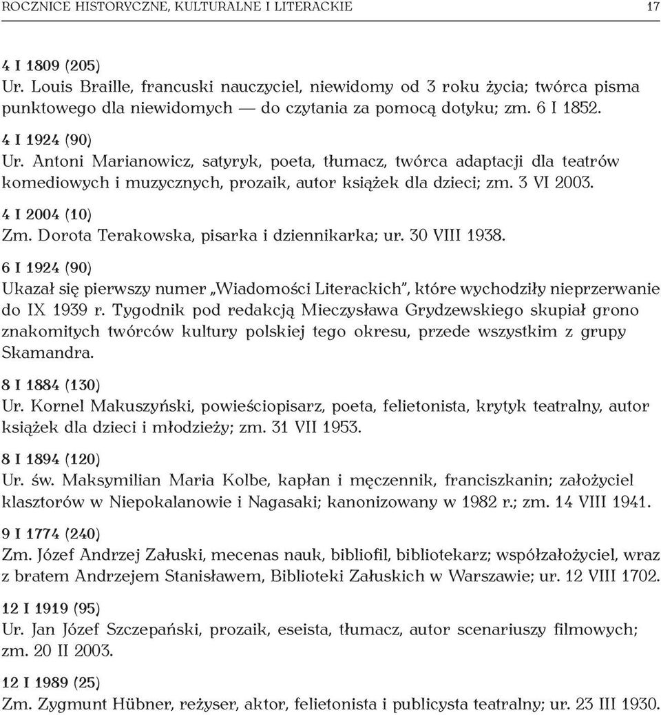 Antoni Marianowicz, satyryk, poeta, tłumacz, twórca adaptacji dla teatrów komediowych i muzycznych, prozaik, autor książek dla dzieci; zm. 3 VI 2003. 4 I 2004 (10) Zm.