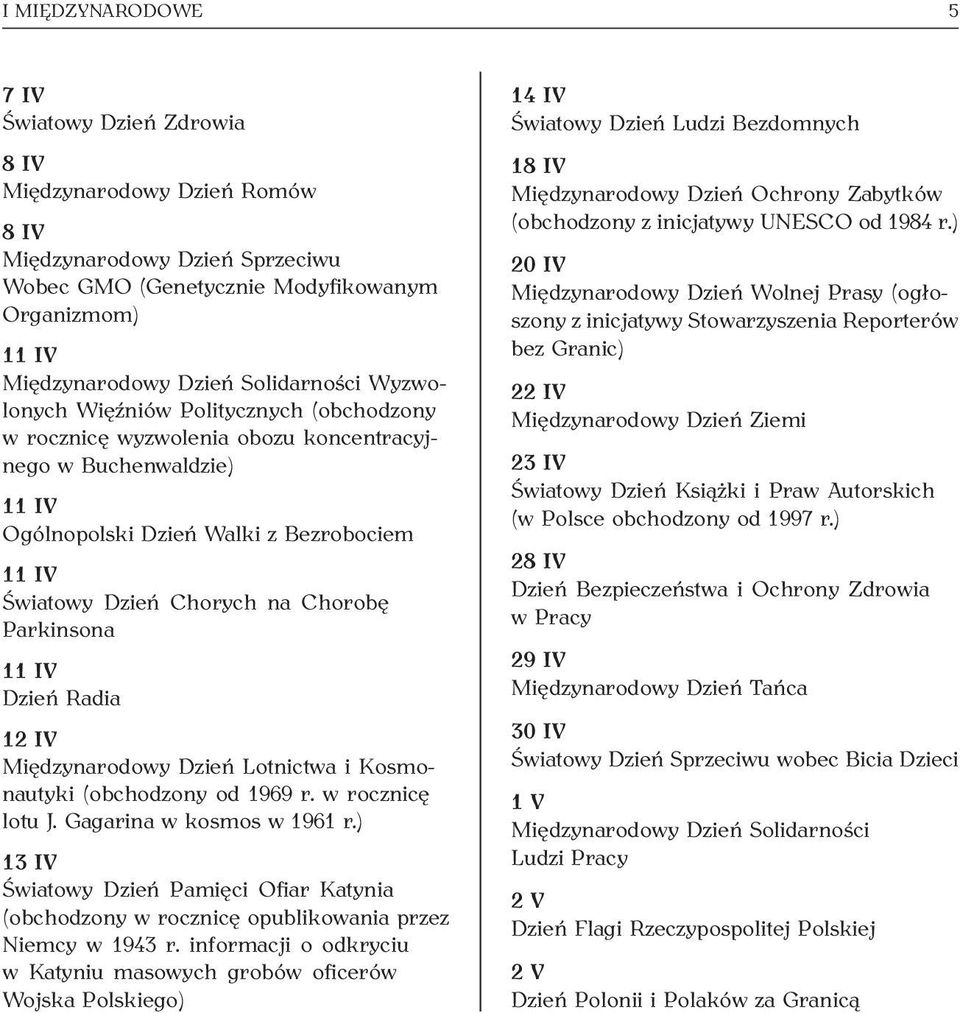 Chorobę Parkinsona 11 IV Dzień Radia 12 IV Międzynarodowy Dzień Lotnictwa i Kosmonautyki (obchodzony od 1969 r. w rocznicę lotu J. Gagarina w kosmos w 1961 r.