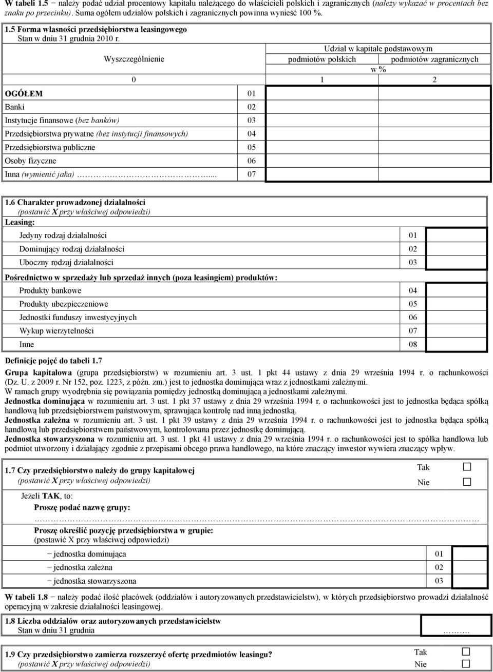 Udział w kapitale podstawowym podmiotów polskich podmiotów zagranicznych w % 0 1 2 Banki 02 Instytucje finansowe (bez banków) 03 Przedsiębiorstwa prywatne (bez instytucji finansowych) 04