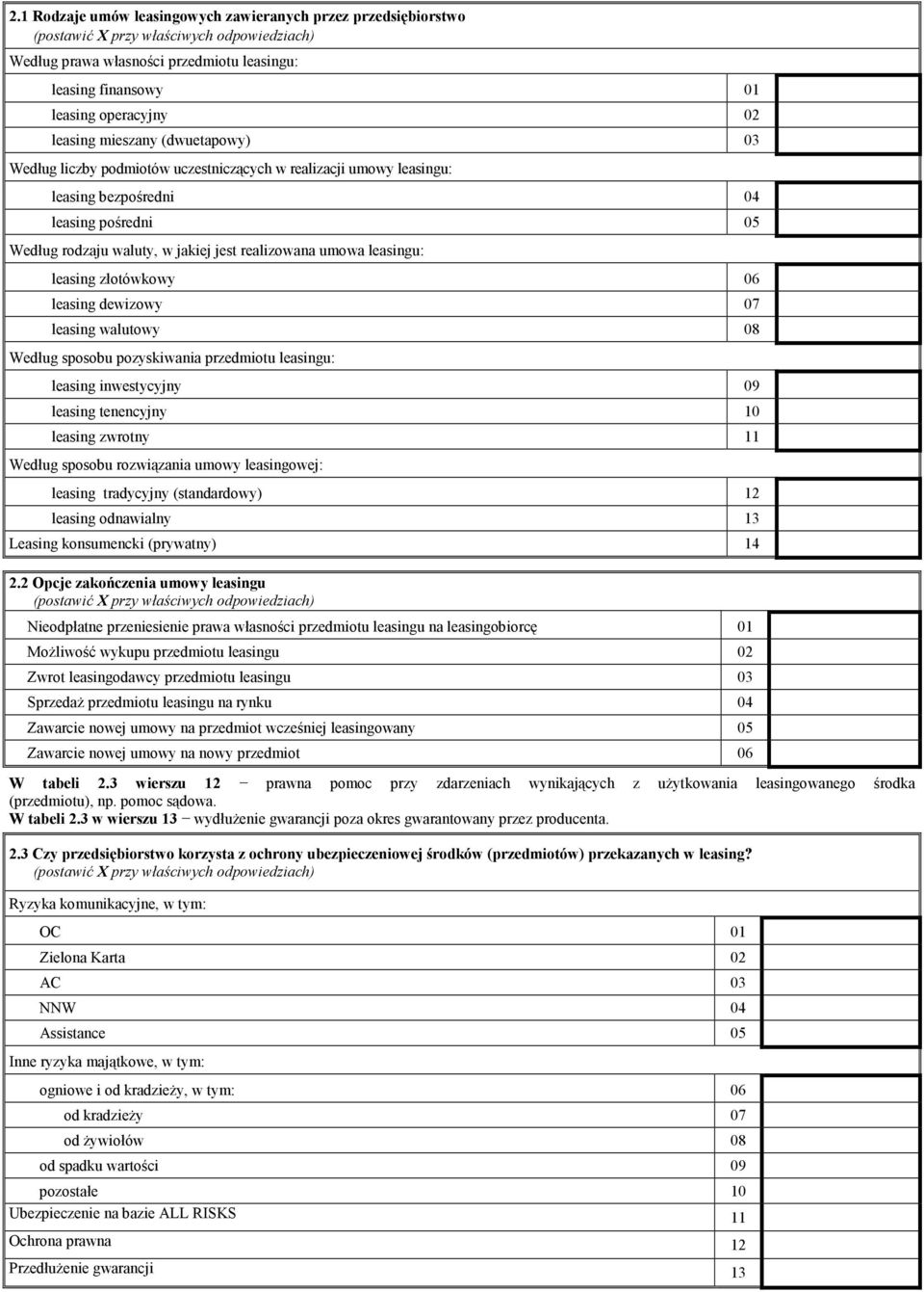 leasingu: leasing złotówkowy 06 leasing dewizowy 07 leasing walutowy 08 Według sposobu pozyskiwania przedmiotu leasingu: leasing inwestycyjny 09 leasing tenencyjny 10 leasing zwrotny 11 Według