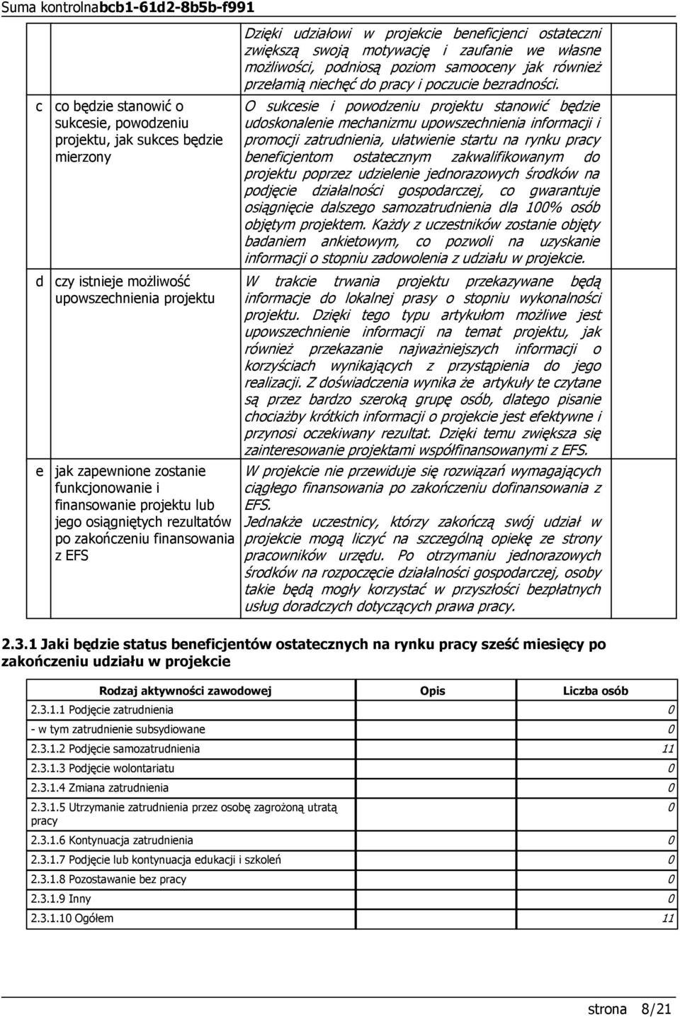 O sukcesie i powodzeniu projektu stanowić będzie udoskonalenie mechanizmu upowszechnienia informacji i promocji zatrudnienia, ułatwienie startu na rynku pracy beneficjentom ostatecznym