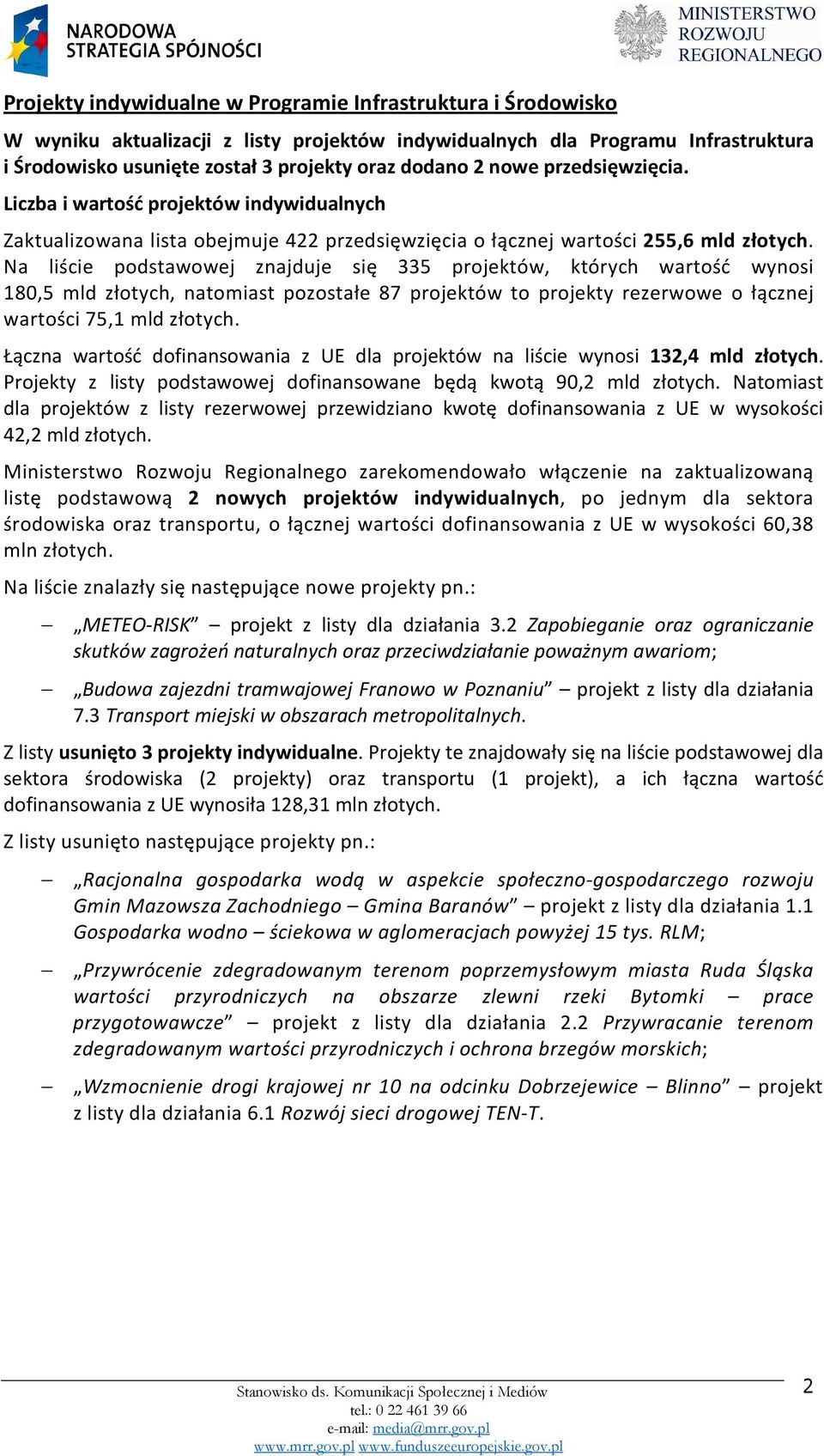 Na liście podstawowej znajduje się 335 projektów, których wartość wynosi 180,5 mld złotych, natomiast pozostałe 87 projektów to projekty rezerwowe o łącznej wartości 75,1 mld złotych.