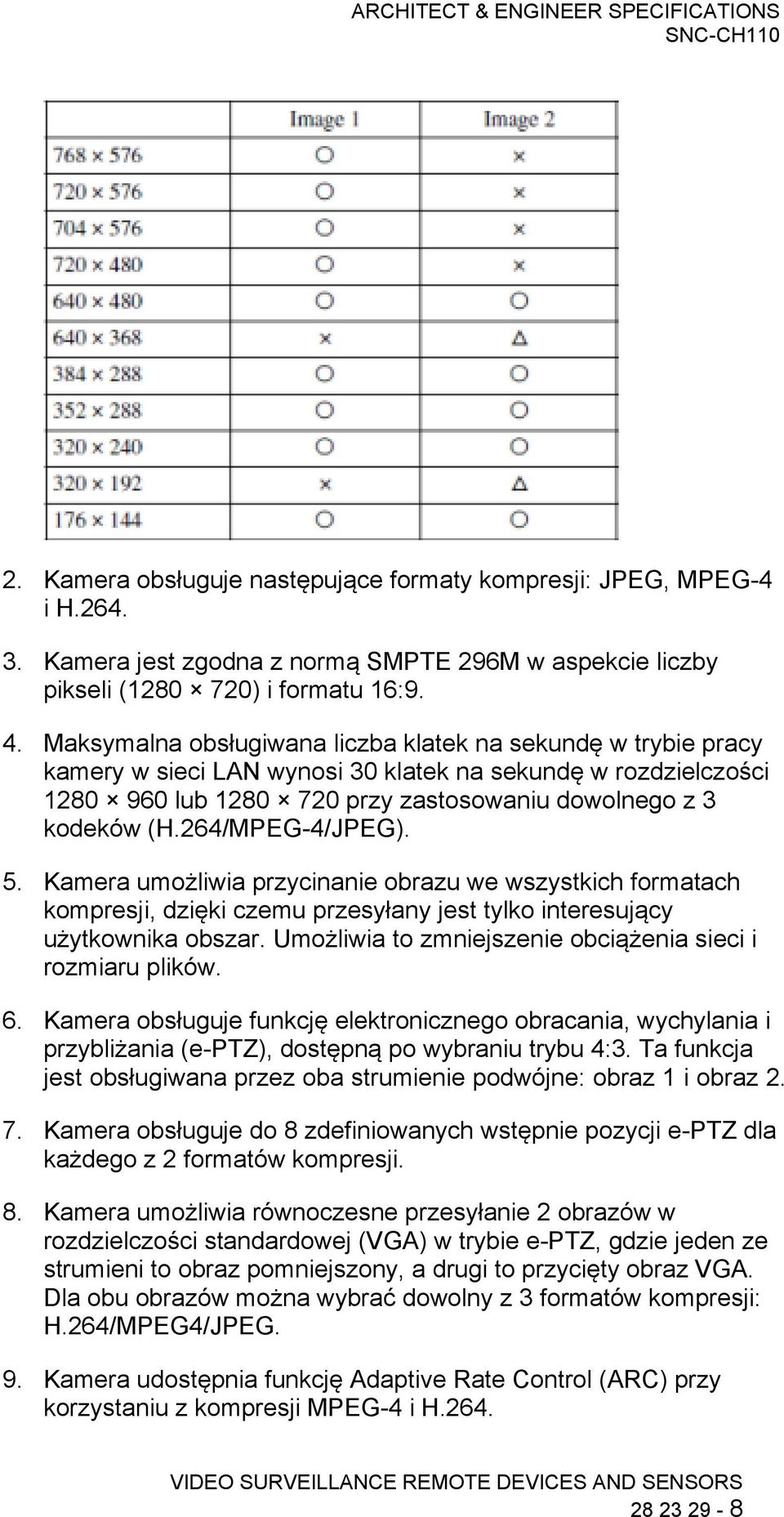 264/MPEG-4/JPEG). 5. Kamera umożliwia przycinanie obrazu we wszystkich formatach kompresji, dzięki czemu przesyłany jest tylko interesujący użytkownika obszar.