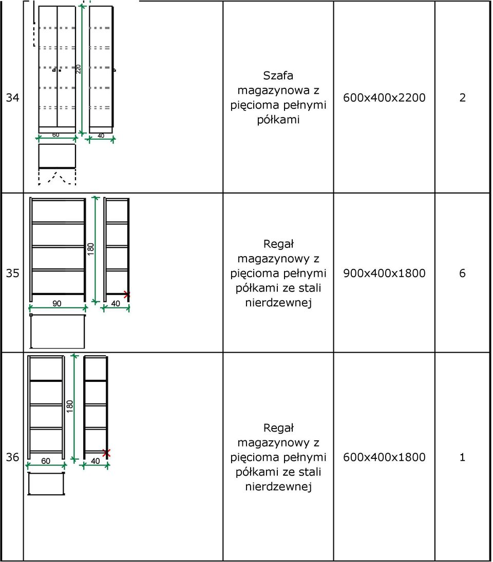 magazynowy z półkami ze stali 900x400x0