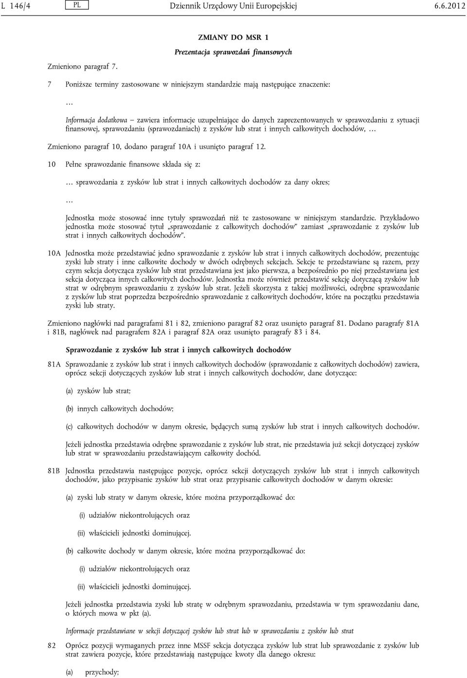 zaprezentowanych w sprawozdaniu z sytuacji finansowej, sprawozdaniu (sprawozdaniach) z zysków lub strat i innych całkowitych dochodów, Zmieniono paragraf 10, dodano paragraf 10A i usunięto paragraf