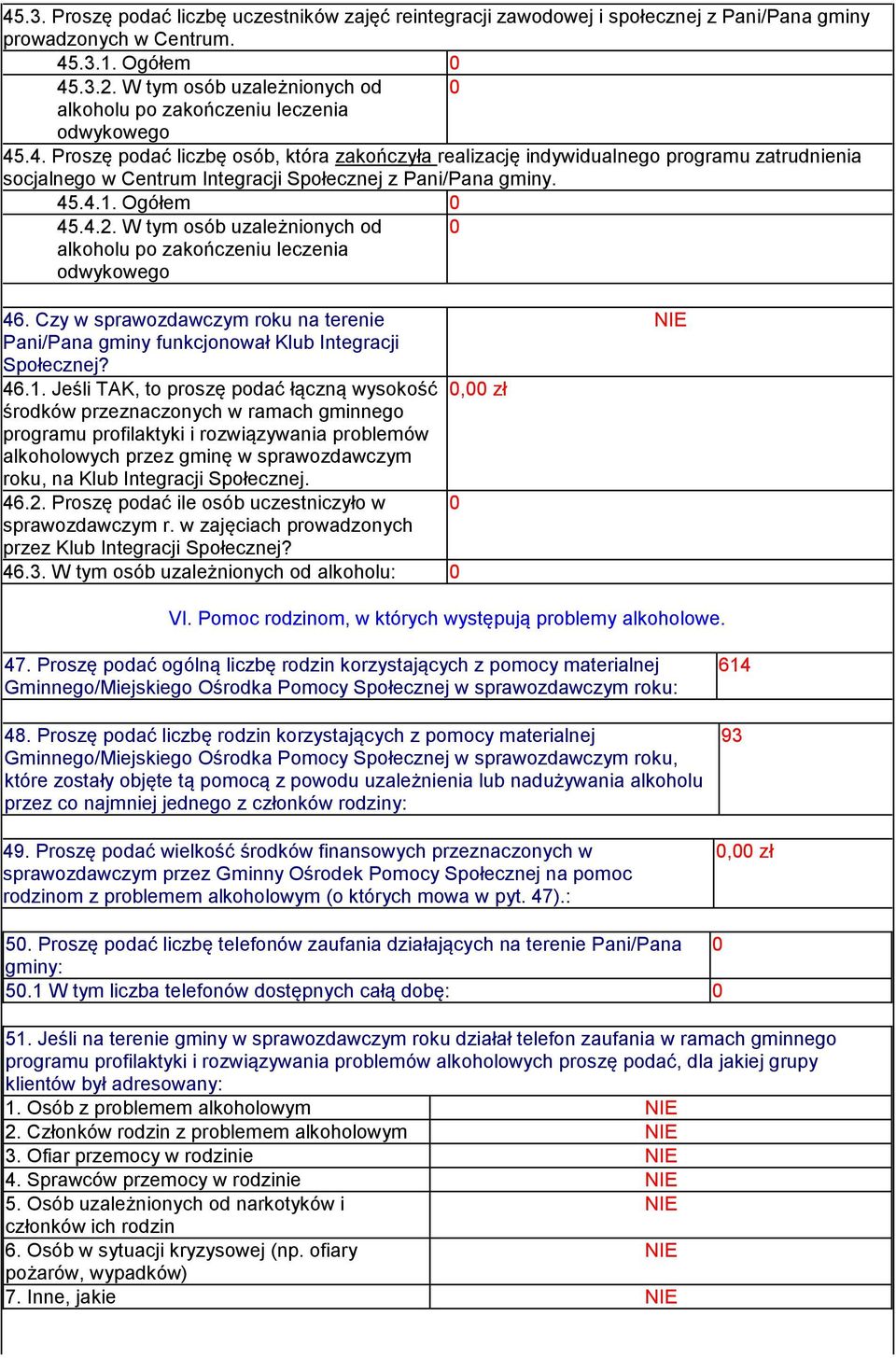 .4. Proszę podać liczbę osób, która zakończyła realizację indywidualnego programu zatrudnienia socjalnego w Centrum Integracji Społecznej z Pani/Pana gminy. 45.4.1. Ogółem 45.4.2.