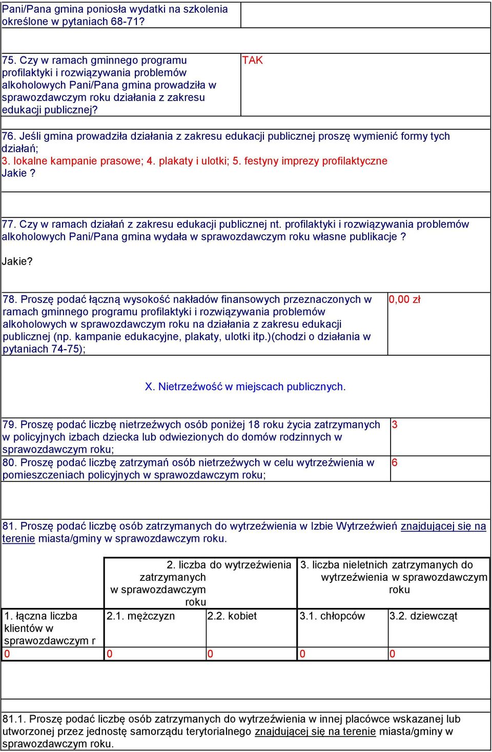 Jeśli gmina prowadziła działania z zakresu edukacji publicznej proszę wymienić formy tych działań; 3. lokalne kampanie prasowe; 4. plakaty i ulotki; 5. festyny imprezy profilaktyczne Jakie? 77.