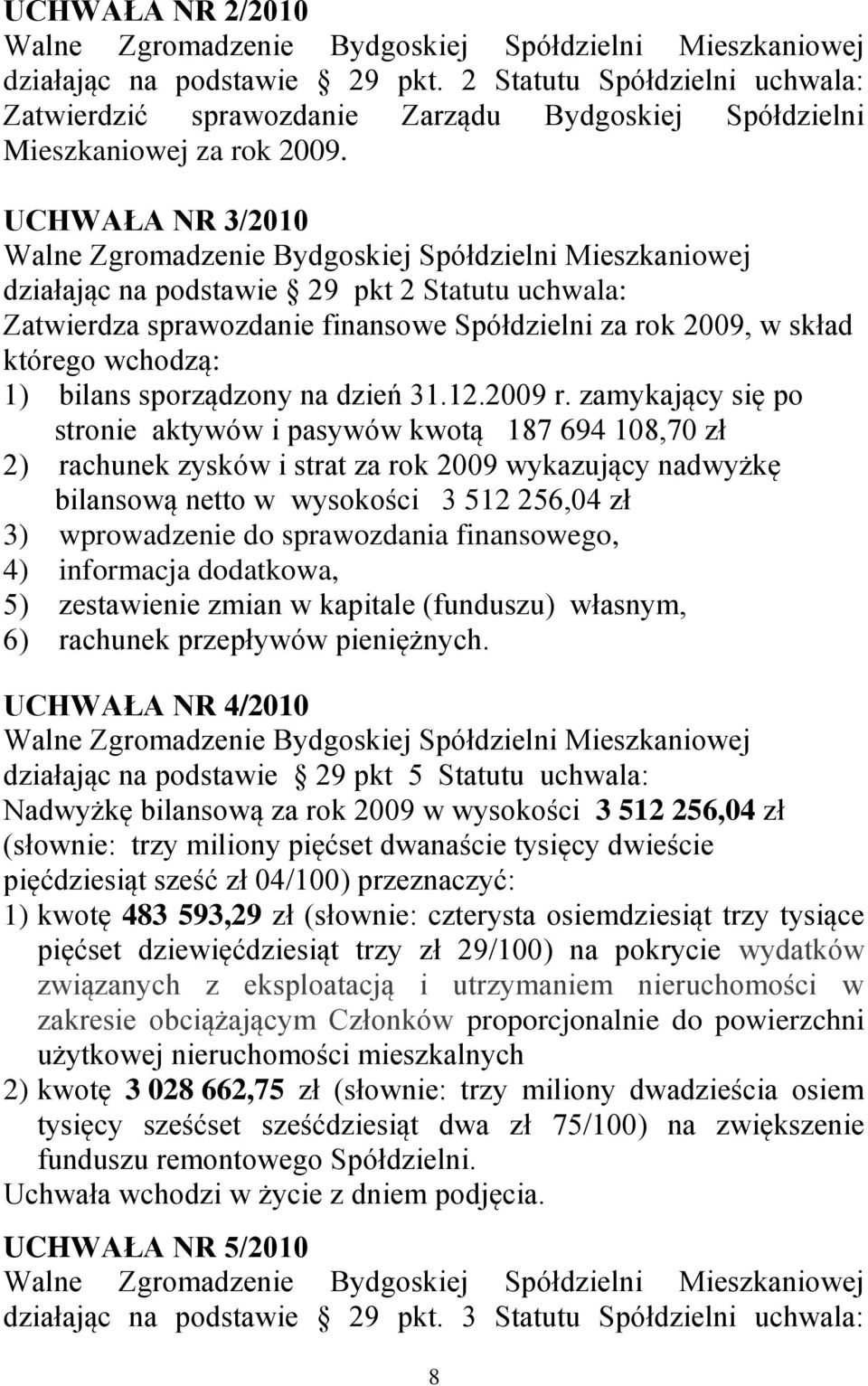 zamykający się po stronie aktywów i pasywów kwotą 187 694 108,70 zł 2) rachunek zysków i strat za rok 2009 wykazujący nadwyżkę bilansową netto w wysokości 3 512 256,04 zł 3) wprowadzenie do
