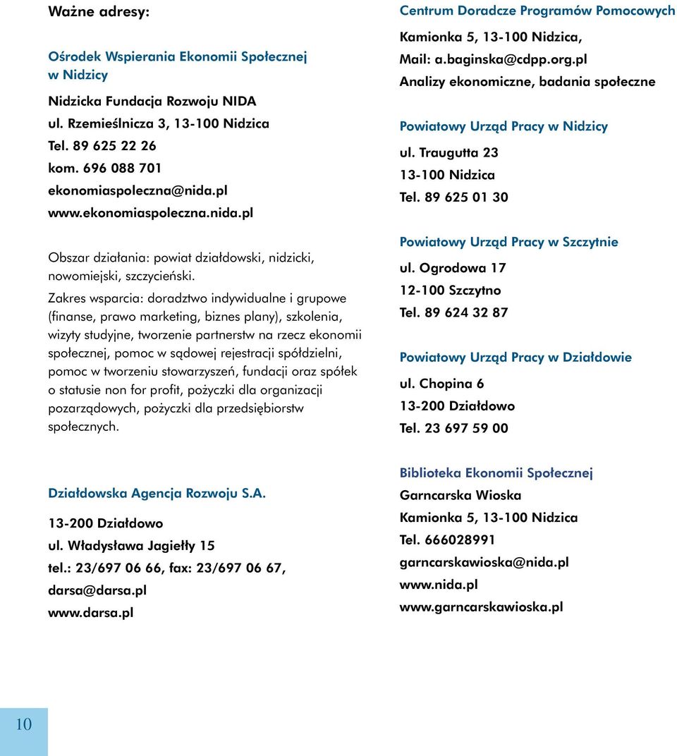 Zakres wsparcia: doradztwo indywidualne i grupowe (finanse, prawo marketing, biznes plany), szkolenia, wizyty studyjne, tworzenie partnerstw na rzecz ekonomii społecznej, pomoc w sądowej rejestracji