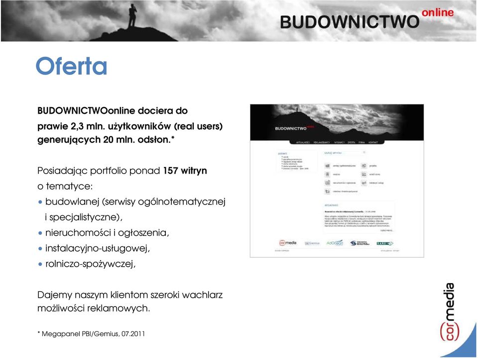 * Posiadając portfolio ponad 157 witryn o tematyce: budowlanej (serwisy ogólnotematycznej i