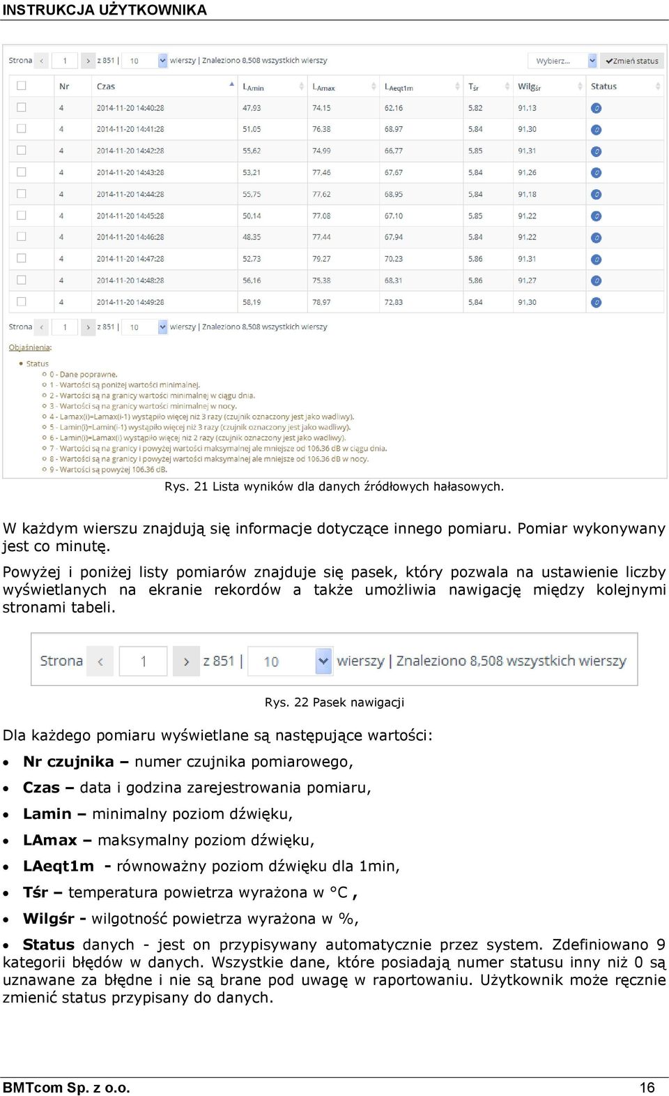 22 Pasek nawigacji Dla każdego pomiaru wyświetlane są następujące wartości: Nr czujnika numer czujnika pomiarowego, Czas data i godzina zarejestrowania pomiaru, Lamin minimalny poziom dźwięku, LAmax