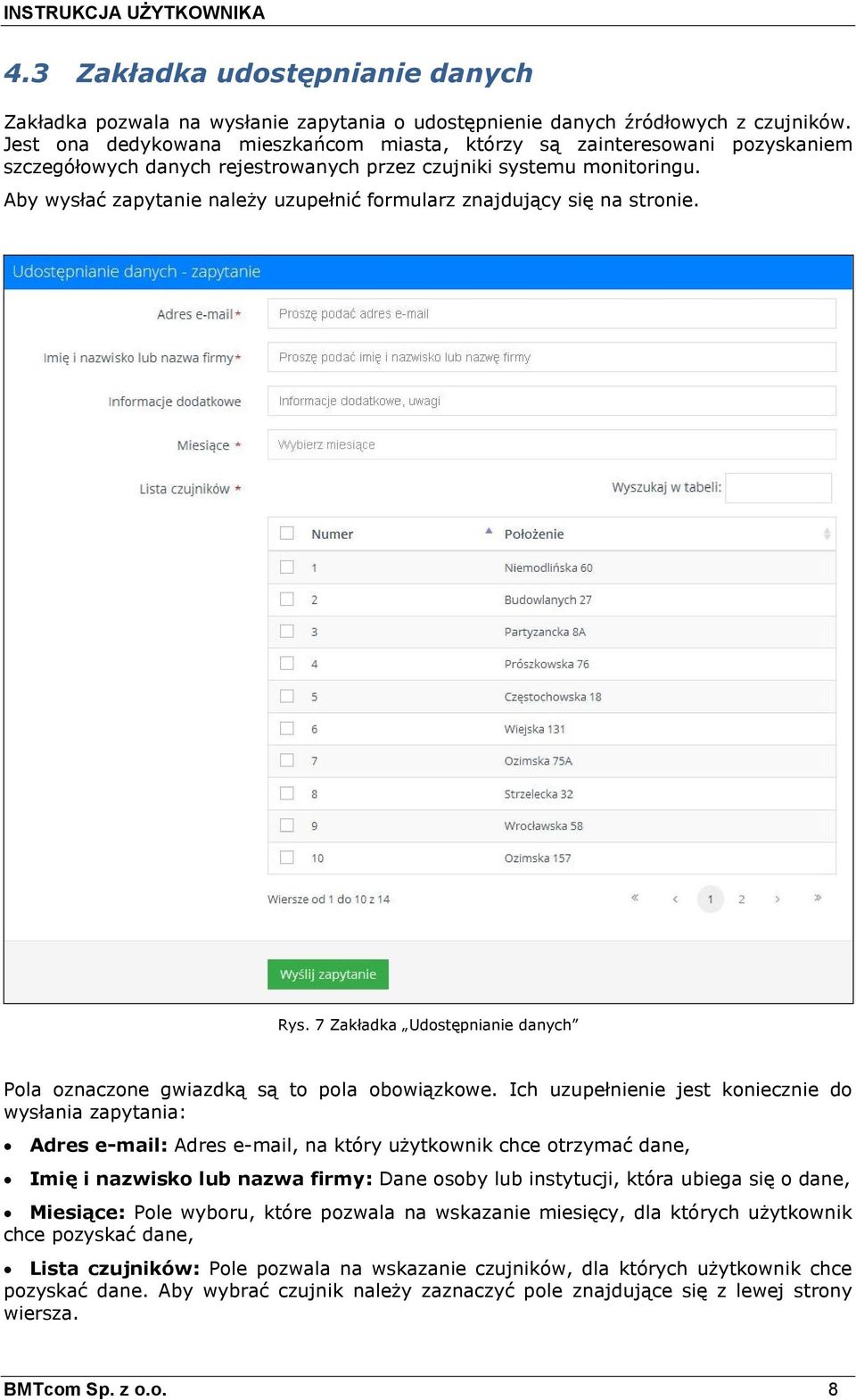 Aby wysłać zapytanie należy uzupełnić formularz znajdujący się na stronie. Rys. 7 Zakładka Udostępnianie danych Pola oznaczone gwiazdką są to pola obowiązkowe.