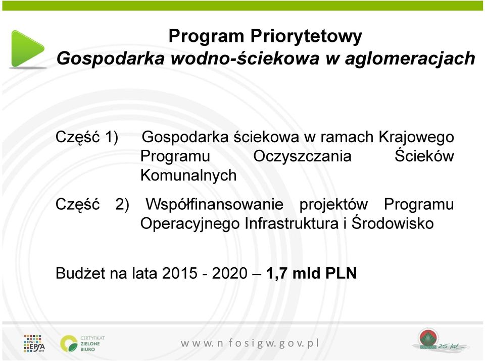 Ścieków Komunalnych Część 2) Współfinansowanie projektów Programu