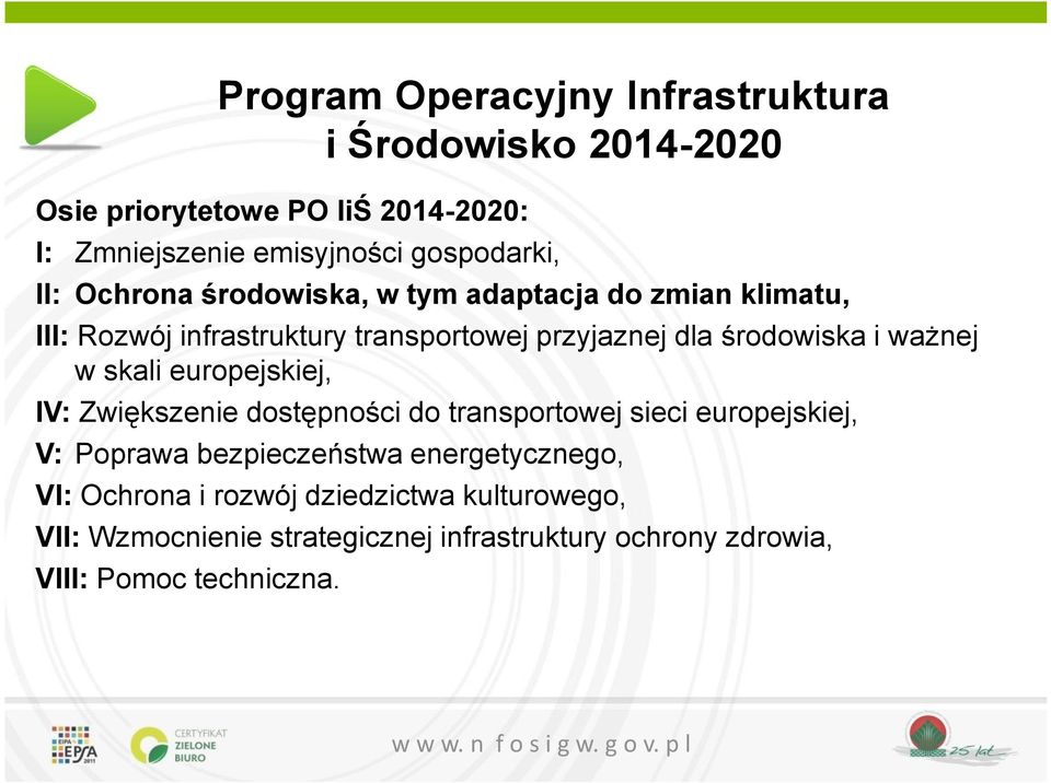 środowiska i ważnej w skali europejskiej, IV: Zwiększenie dostępności do transportowej sieci europejskiej, V: Poprawa