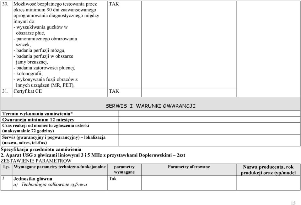 Certyfikat CE SERWIS I WARUNKI GWARANCJI Termin wykonania zamówienia* Gwarancja minimum 12 miesięcy Czas reakcji od momentu zgłoszenia usterki (maksymalnie 72 godziny) Serwis (gwarancyjny i