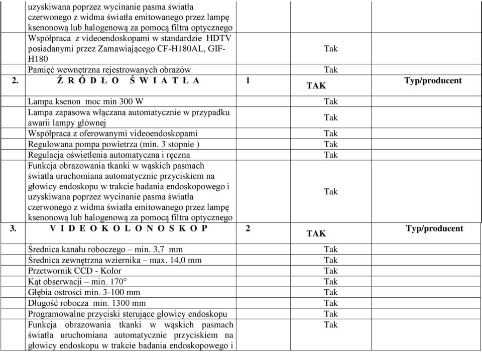 Ź R Ó D Ł O Ś W I A T Ł A 1 Lampa ksenon moc min 300 W Lampa zapasowa włączana automatycznie w przypadku awarii lampy głównej Współpraca z oferowanymi videoendoskopami Regulowana pompa powietrza (min.