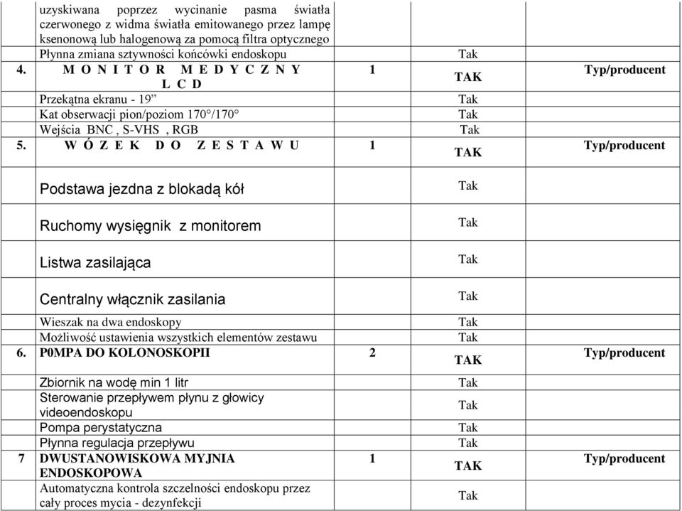 W Ó Z E K D O Z E S T A W U 1 Podstawa jezdna z blokadą kół Ruchomy wysięgnik z monitorem Listwa zasilająca Centralny włącznik zasilania Wieszak na dwa endoskopy Możliwość ustawienia wszystkich