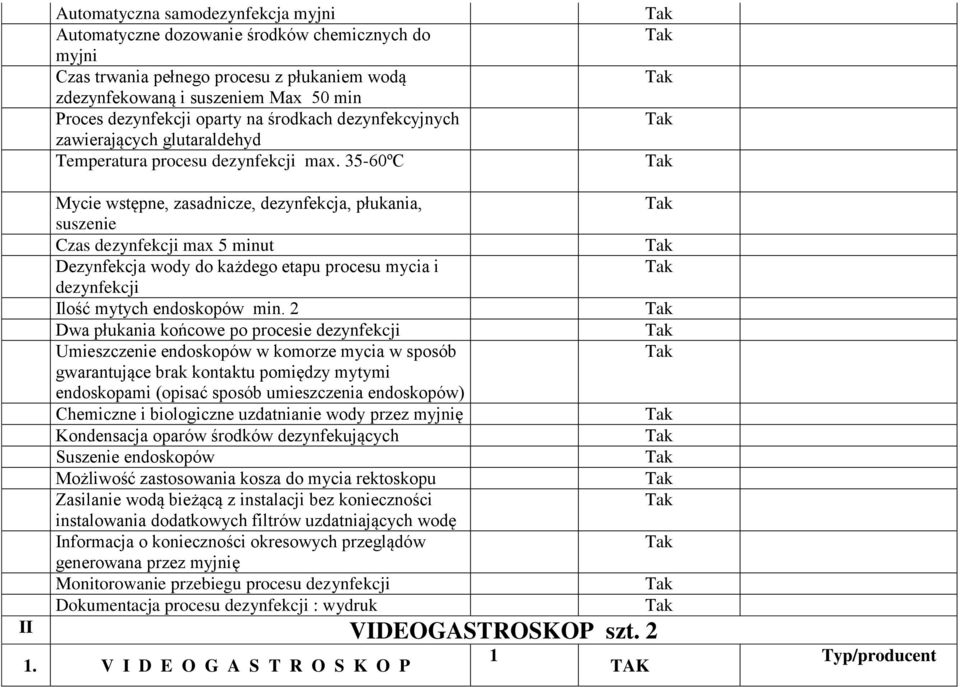 35-60ºC Mycie wstępne, zasadnicze, dezynfekcja, płukania, suszenie Czas dezynfekcji max 5 minut Dezynfekcja wody do każdego etapu procesu mycia i dezynfekcji Ilość mytych endoskopów min.