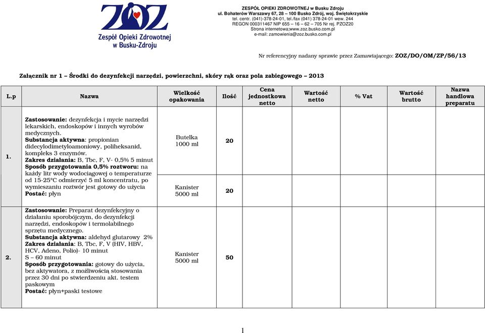 Zastosowanie: dezynfekcja i mycie narzędzi lekarskich, endoskopów i innych wyrobów medycznych. Substancja aktywna: propionian didecylodimetyloamoniowy, poliheksanid, kompleks 3 enzymów.