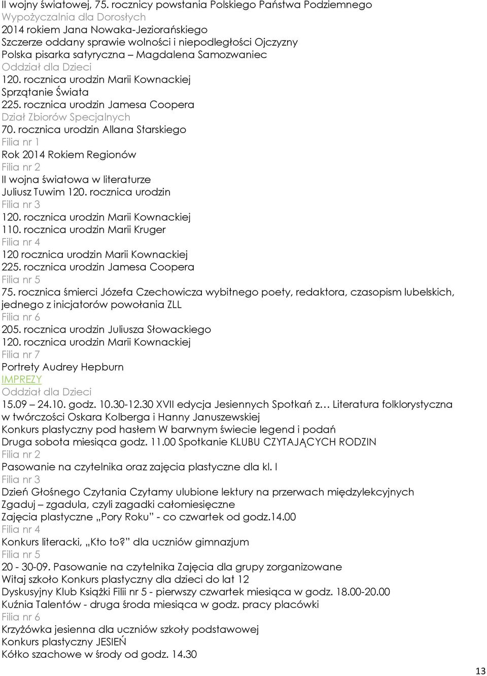 rocznica urodzin Marii Kownackiej 110. rocznica urodzin Marii Kruger 120 rocznica urodzin Marii Kownackiej 225. rocznica urodzin Jamesa Coopera 75.