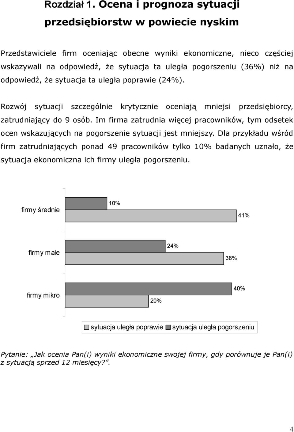 niż na odpowiedź, że sytuacja ta uległa poprawie (24%). Rozwój sytuacji szczególnie krytycznie oceniają mniejsi przedsiębiorcy, zatrudniający do 9 osób.