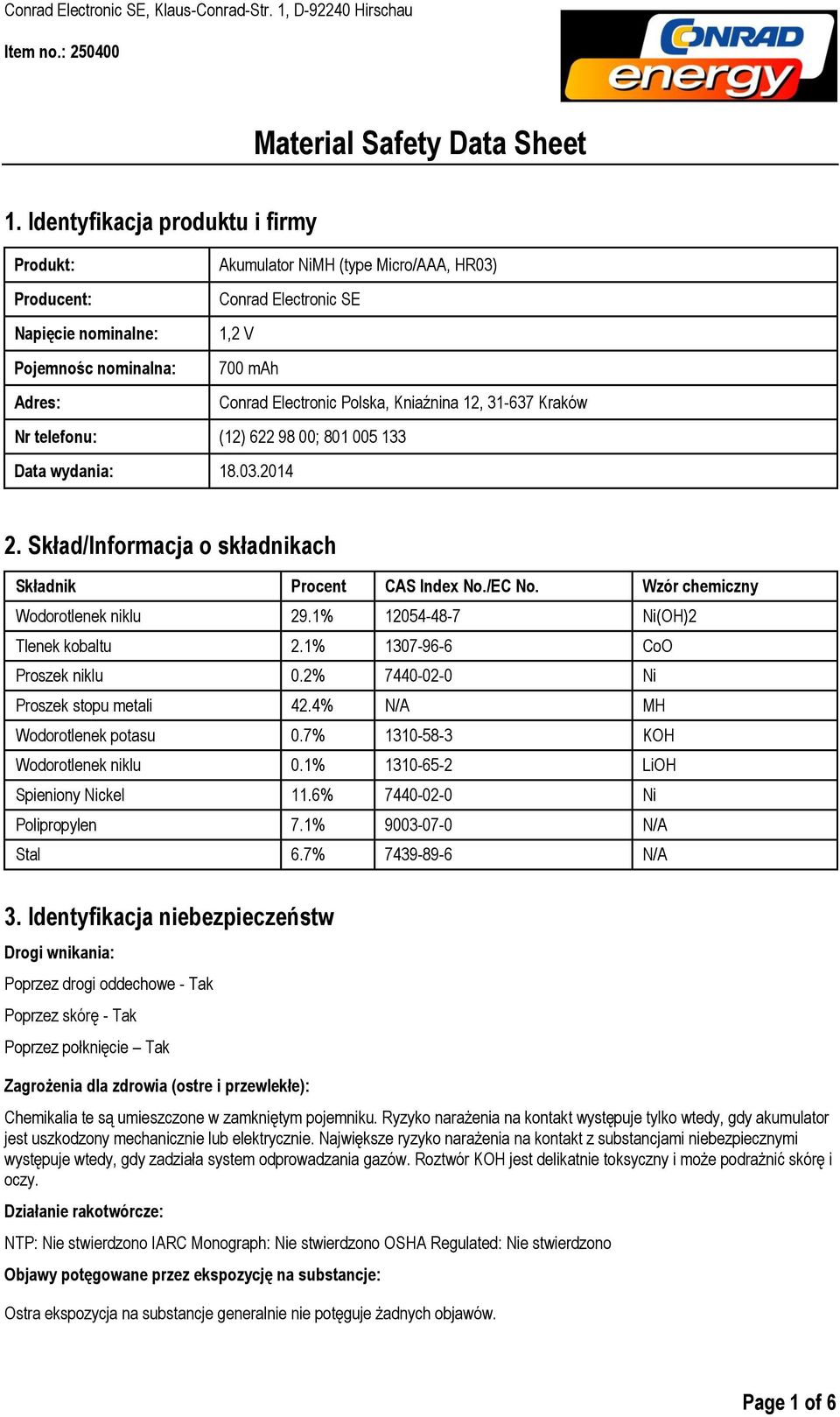 Wzór chemiczny Wodorotlenek niklu 29.1% 12054-48-7 Ni(OH)2 Tlenek kobaltu 2.1% 1307-96-6 CoO Proszek niklu 0.2% 7440-02-0 Ni Proszek stopu metali 42.4% N/A MH Wodorotlenek potasu 0.
