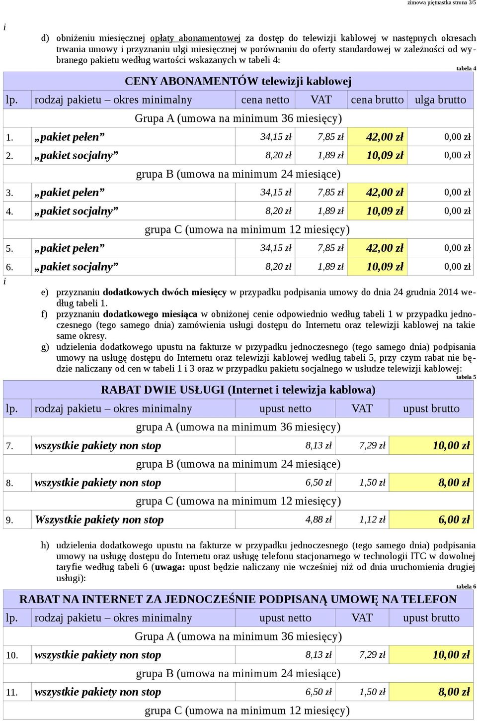 paket socjalny 8,20 zł 1,89 zł 10,09 zł 0,00 zł 3. paket pełen 34,15 zł 7,85 zł 42,00 zł 0,00 zł 4. paket socjalny 8,20 zł 1,89 zł 10,09 zł 0,00 zł 5. paket pełen 34,15 zł 7,85 zł 42,00 zł 0,00 zł 6.