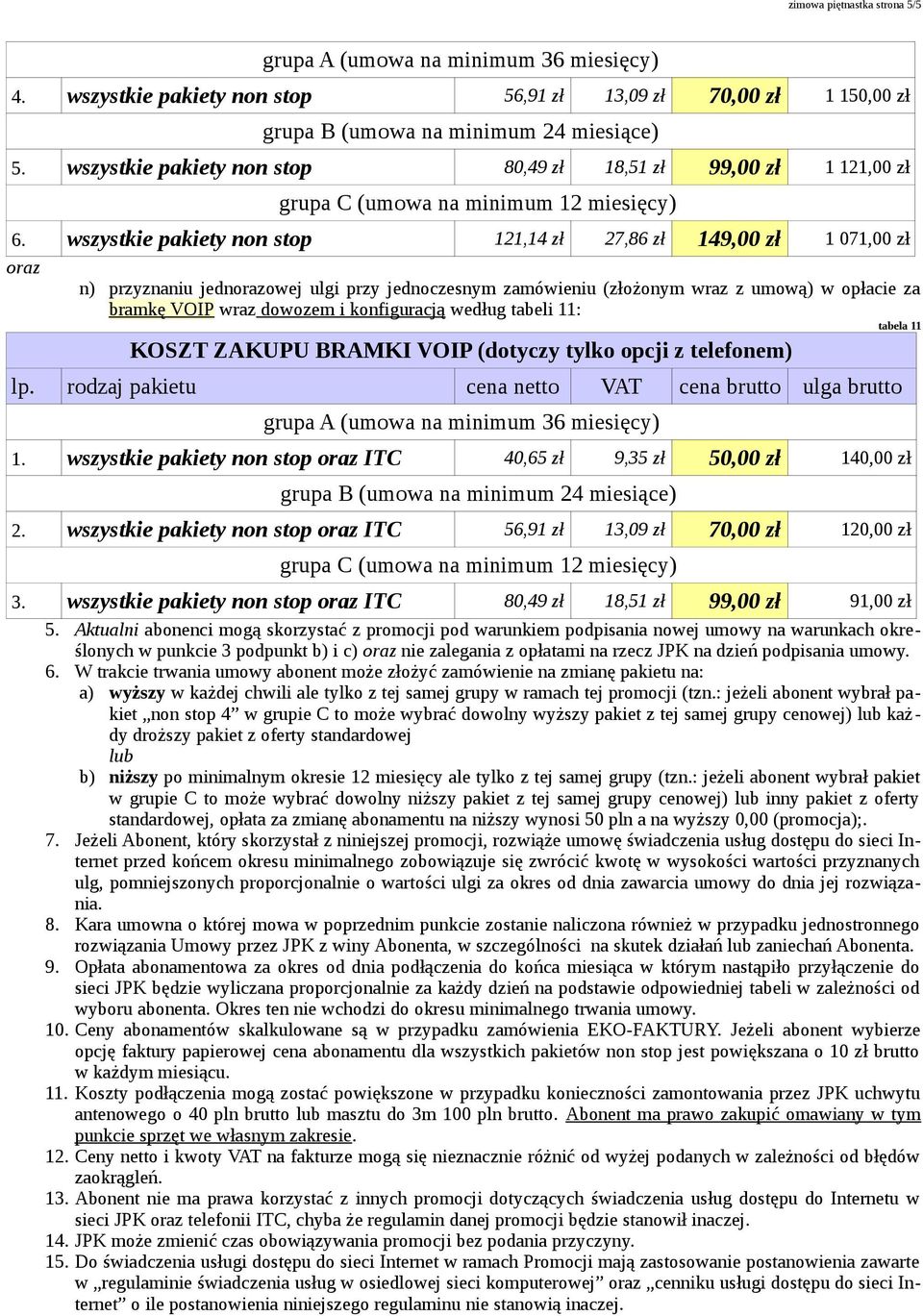 tabel 11: tabela 11 KOSZT ZAKUPU BRAMKI VOIP (dotyczy tylko opcj z telefonem) lp. rodzaj paketu cena netto VAT cena brutto ulga brutto 1.