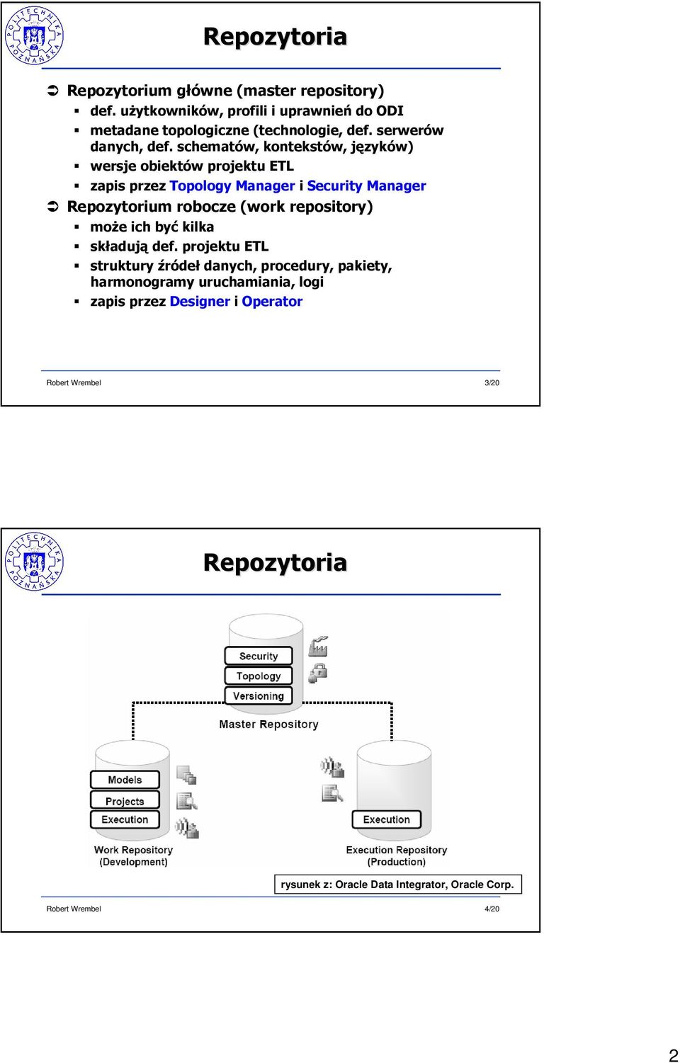 schematów, kontekstów, języków) wersje obiektów projektu ETL zapis przez Topology Manager i Security Manager Repozytorium robocze