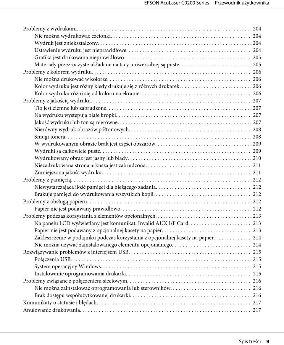 .. 206 Kolor wydruku jest różny kiedy drukuje się z różnych drukarek.... 206 Kolor wydruku różni się od koloru na ekranie........ 206 Problemy z jakością wydruku... 207 Tło jest ciemne lub zabrudzone.