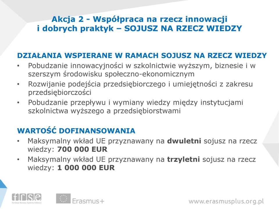 zakresu przedsiębiorczości Pobudzanie przepływu i wymiany wiedzy między instytucjami szkolnictwa wyższego a przedsiębiorstwami WARTOŚĆ DOFINANSOWANIA