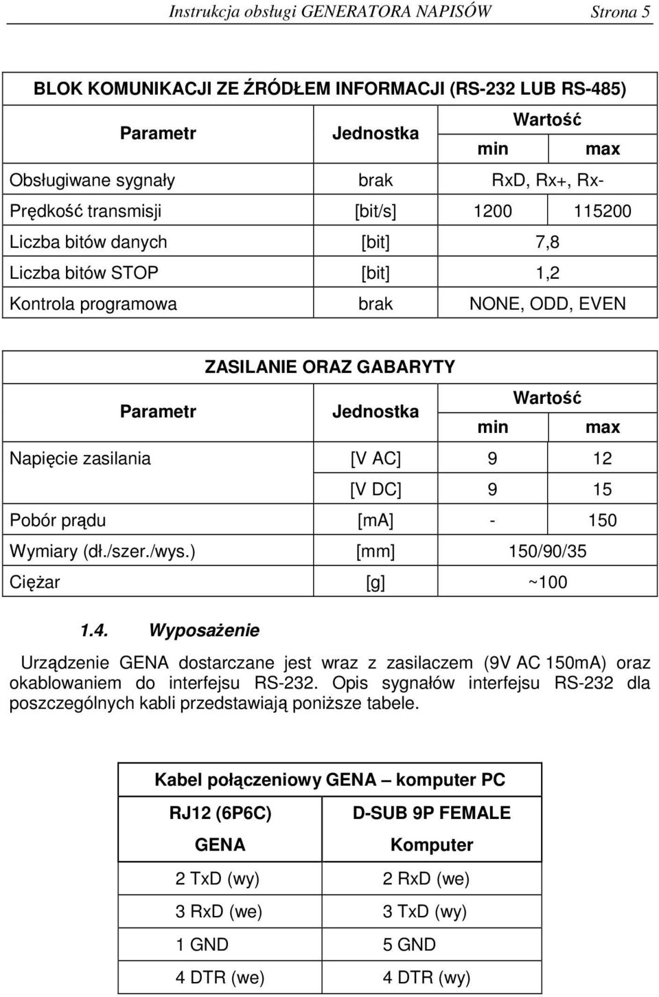 AC] 9 12 [V DC] 9 15 Pobór prdu [ma] - 150 Wymiary (dł./szer./wys.) [mm] 150/90/35 Ciar [g] ~100 1.4.