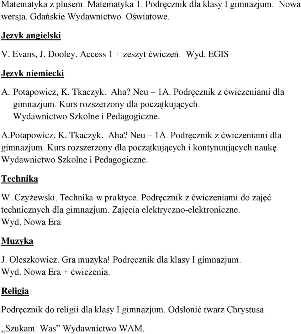 Technika W. Czyżewski. Technika w praktyce. Podręcznik z ćwiczeniami do zajęć technicznych dla gimnazjum. Zajęcia elektryczno-elektroniczne. Wyd. Nowa Era Muzyka J. Oleszkowicz. Gra muzyka!