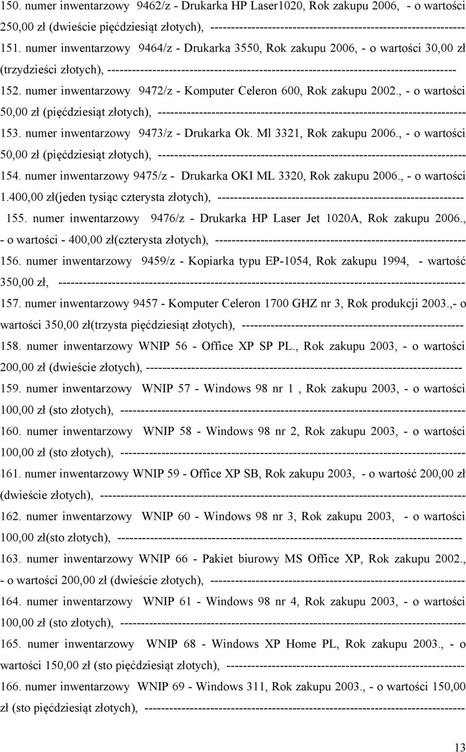 numer inwentarzowy 9472/z - Komputer Celeron 600, Rok zakupu 2002., - o wartości 50,00 zł (pięćdziesiąt złotych), --------------------------------------------------------------------------- 153.