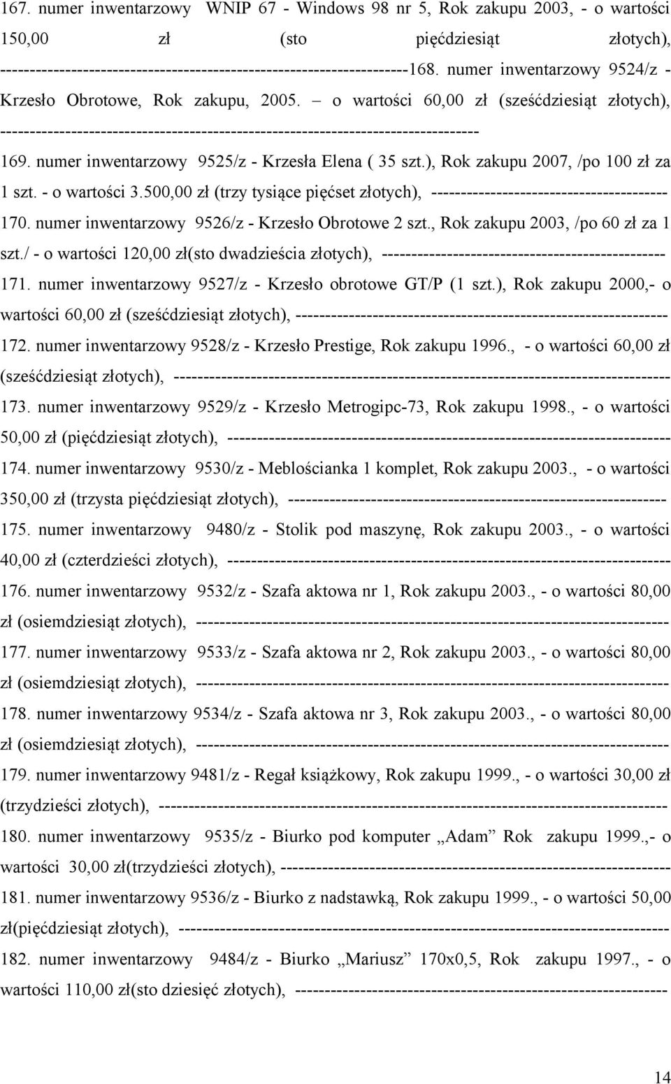 numer inwentarzowy 9525/z - Krzesła Elena ( 35 szt.), Rok zakupu 2007, /po 100 zł za 1 szt. - o wartości 3.500,00 zł (trzy tysiące pięćset złotych), ---------------------------------------- 170.