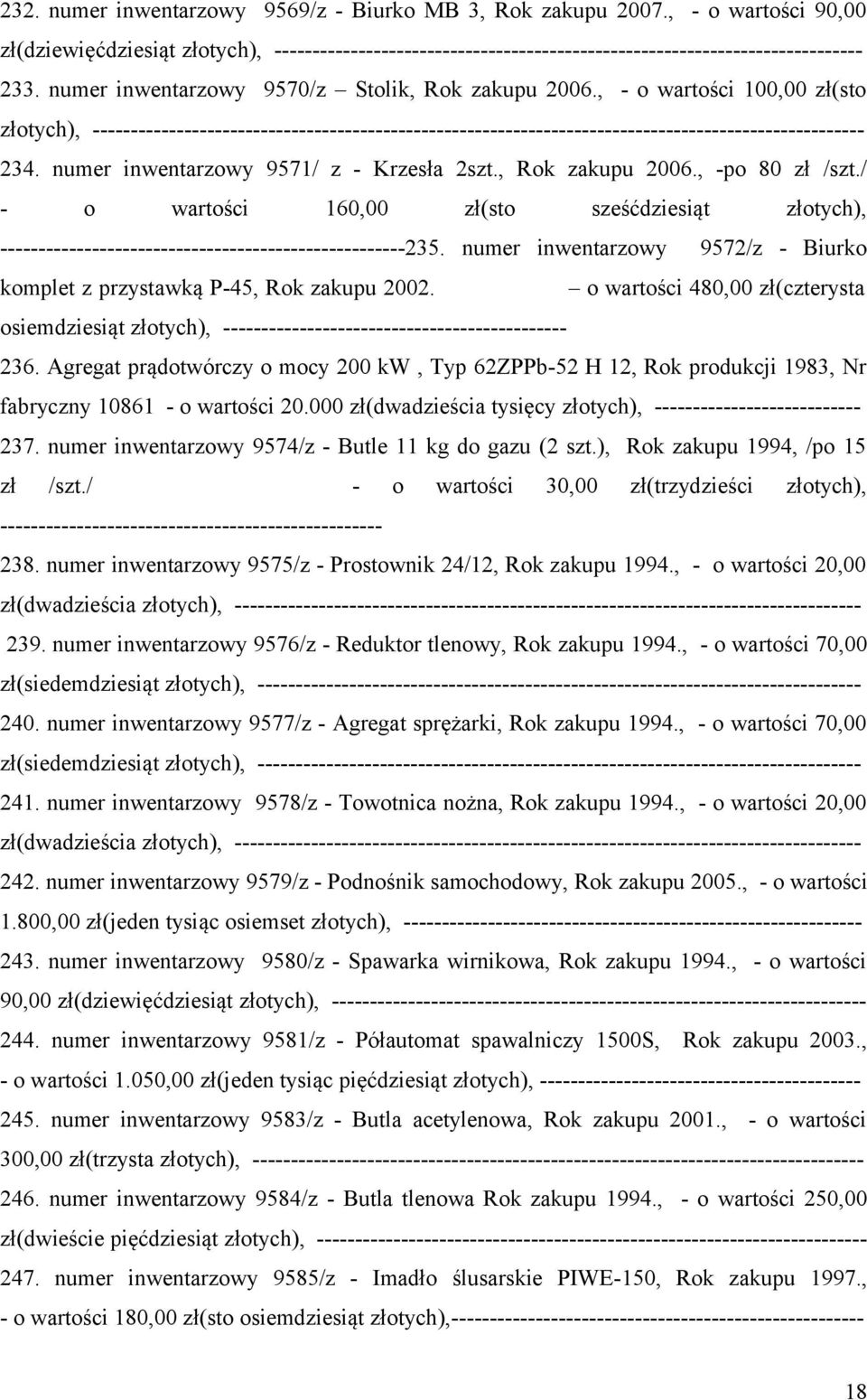 numer inwentarzowy 9571/ z - Krzesła 2szt., Rok zakupu 2006., -po 80 zł /szt./ - o wartości 160,00 zł(sto sześćdziesiąt złotych), -----------------------------------------------------235.